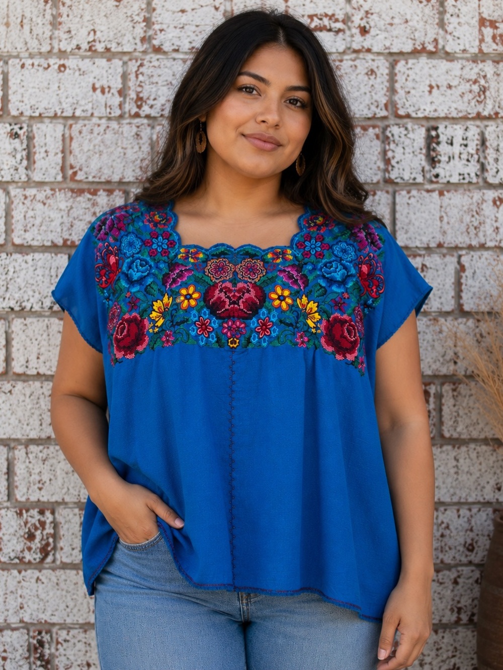 VTG Needlepoint Floral Embroidered Blue Huipil Oaxaca/Guatamalam Handmade Sz M/L